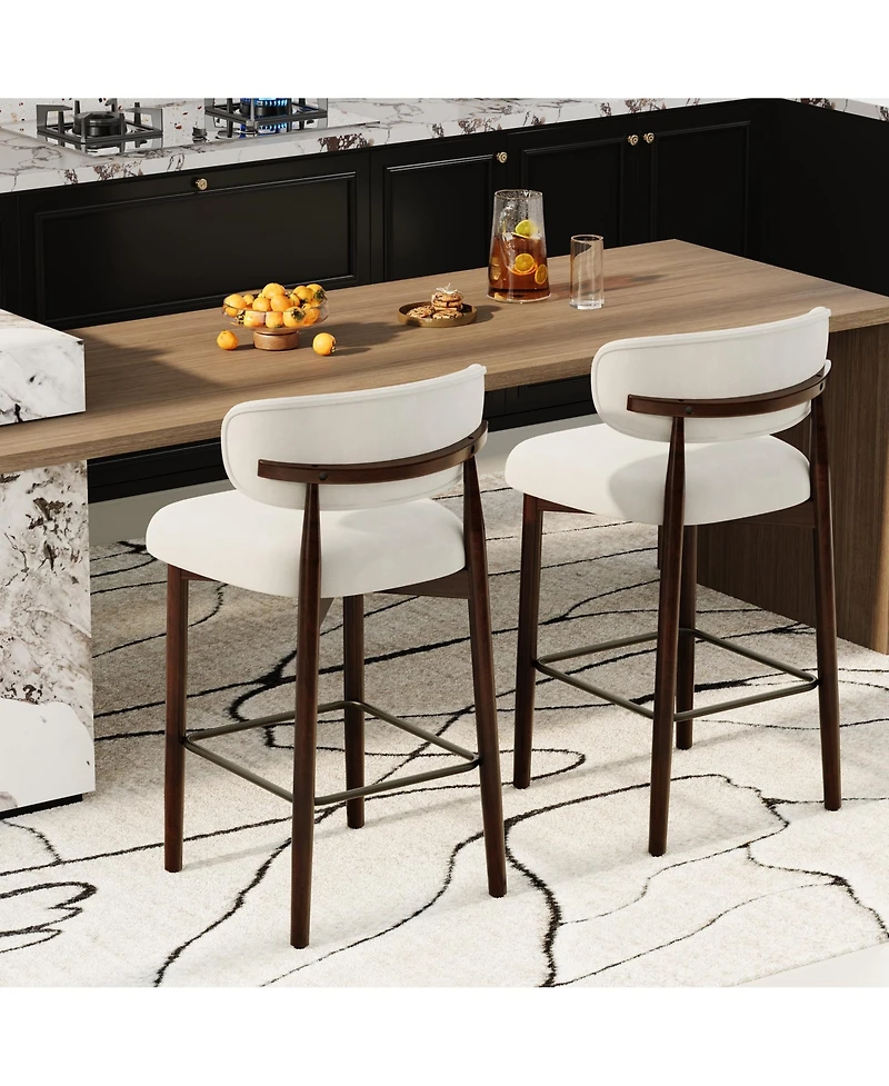 homfan 2/4 Upholstered Bar Stools, Counter Height with Wood Legs, Kitchen Island Stools Back, Linen Fabric, Curved Metal Footrest,
