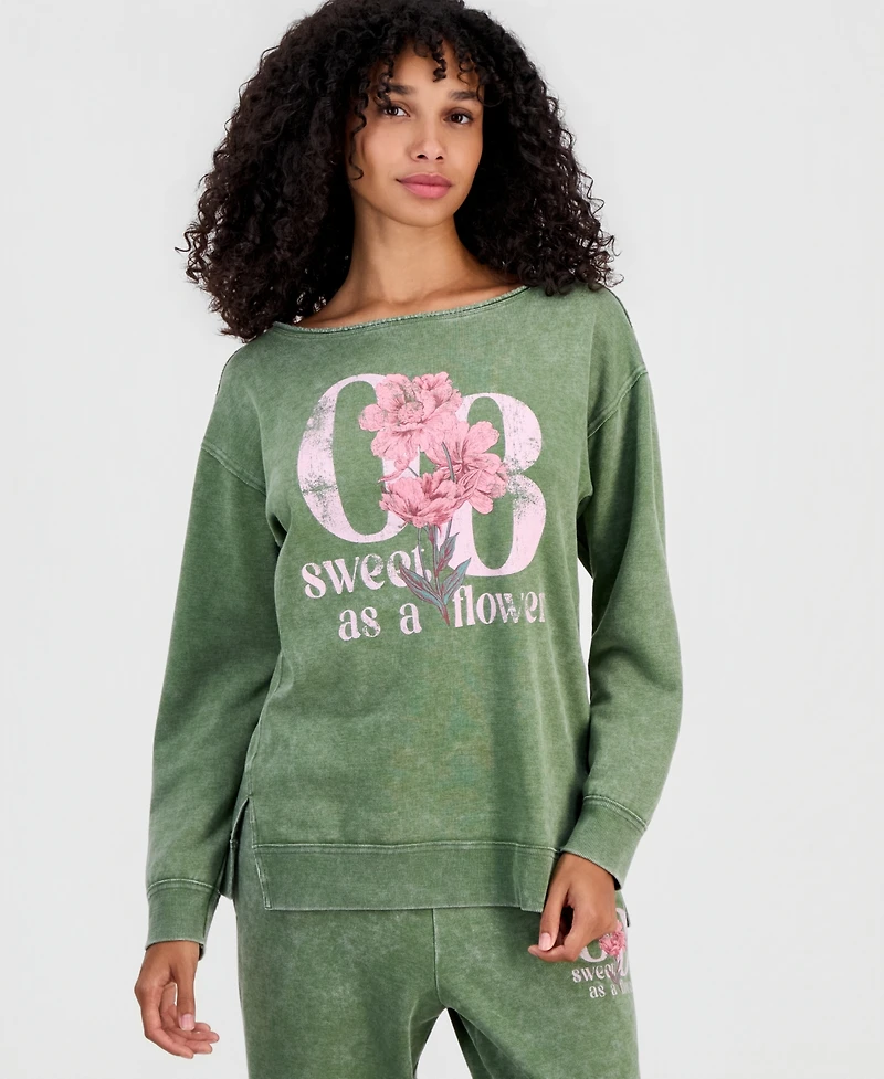 Rebellious One Juniors' Sweet Flowers Boat-Neck Fleece Sweatshirt