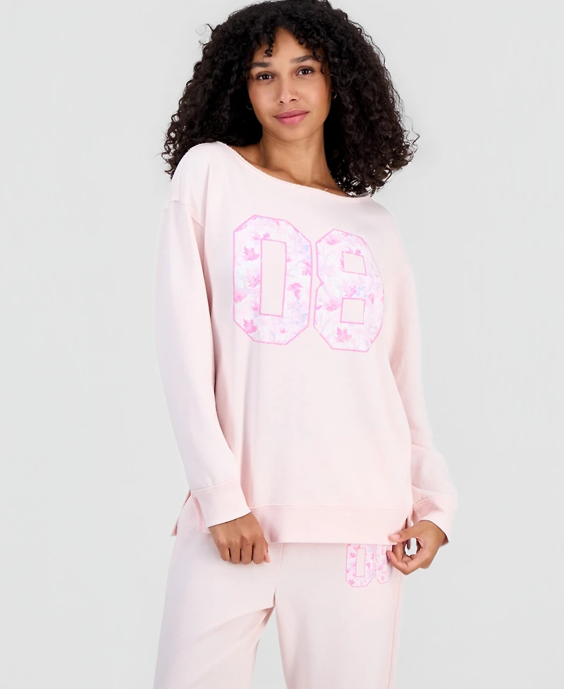 Rebellious One Juniors' 89 Camo Off-the-Shoulder Mineral Wash Boat Neck Sweatshirt