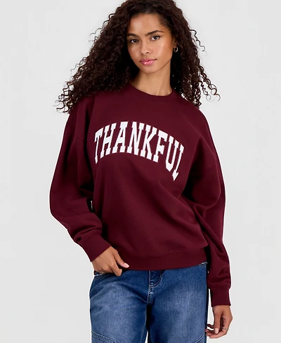 Hooked Up by Iot Juniors' Thankful Embroidered Sweatshirt
