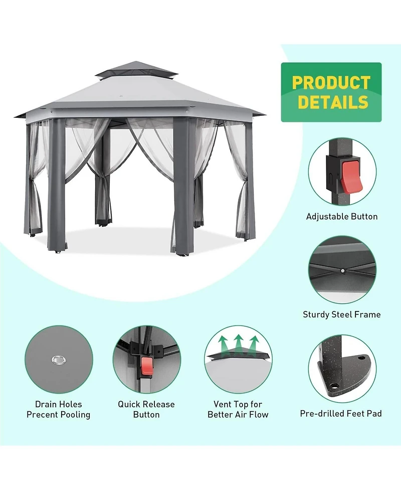 gaomon 13' x 13' Hexagonal Pop Up Gazebo Canopy Shelter For Backyard, Garden, Lawn
