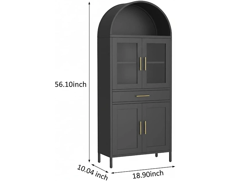 gaomon 73 Inch Arched Cabinet with Glass Doors, Metal Kitchen Pantry with Storage Drawer and 2 Adjustable Shelves, Modern Display Bookcase
