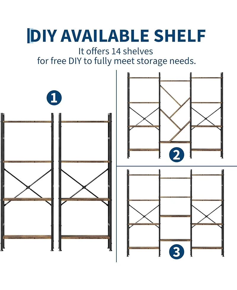 gaomon Industrial Bookcase, 4-Tier Large Bookshelf with Unique Tree Design Shelves, Heavy-Duty Open Storage Shelf with Steel Frame