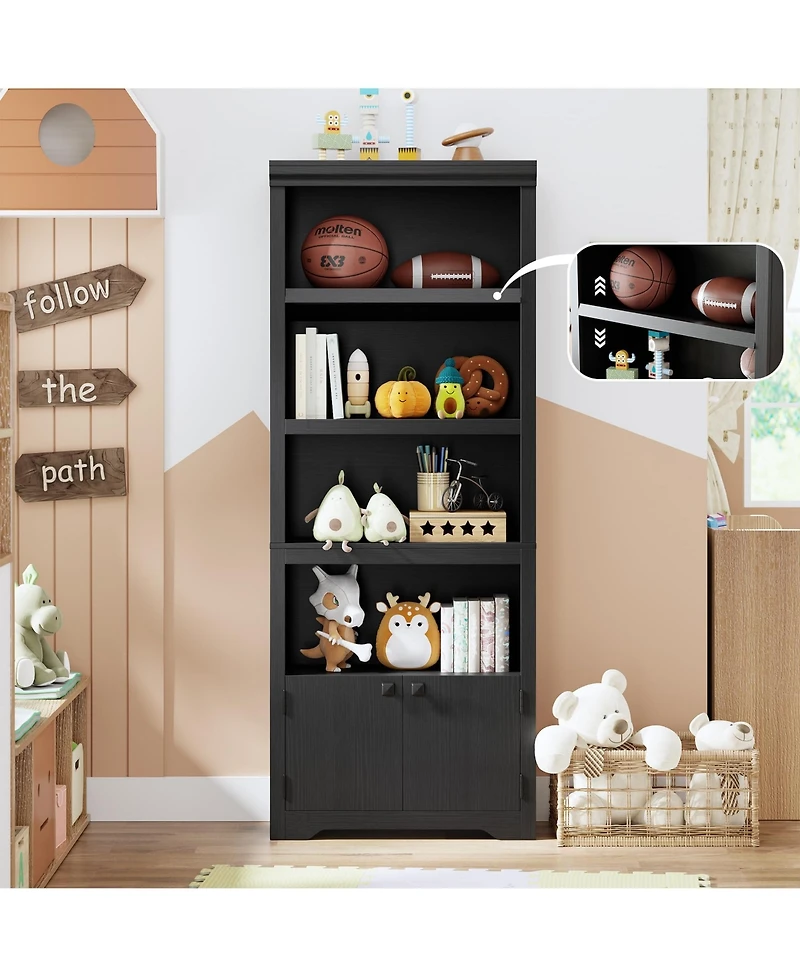 gaomon 5 Tier Farmhouse Bookshelf 69 Inch Tall with 2 Doors and Adjustable Shelves Anti-Slip Storage Rack for Home Office Living Room Library