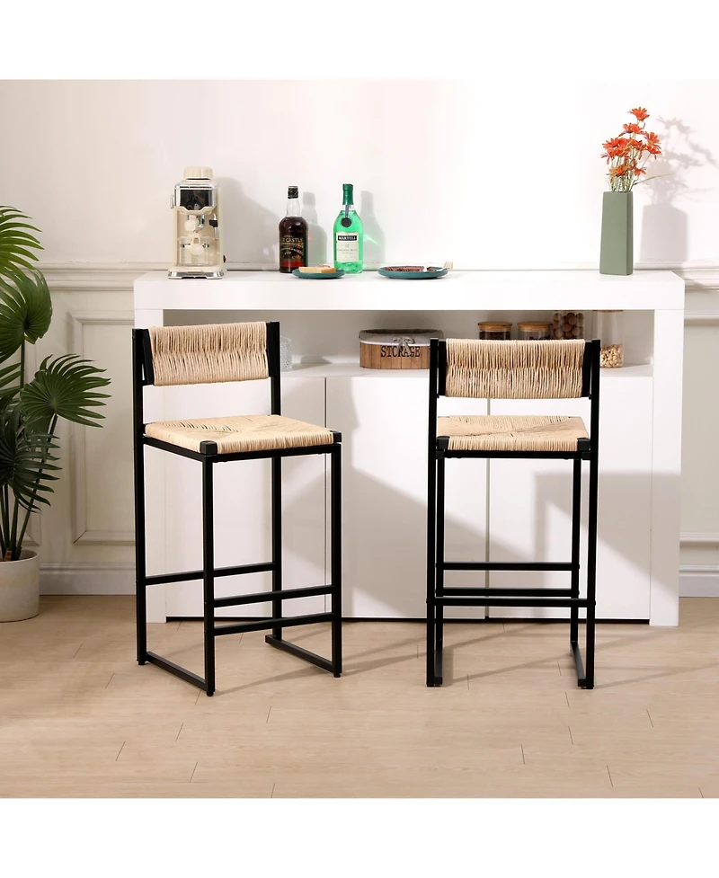 Flynama Set Of 2 Hand Woven Paper Rope Bar Stools with Backrest Metal Frame Modern Dining Chairs for Kitchen Island Counter