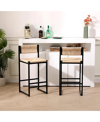 Flynama Set Of 2 Hand Woven Paper Rope Bar Stools with Backrest Metal Frame Modern Dining Chairs for Kitchen Island Counter