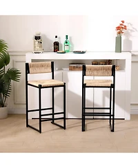Flynama Set Of 2 Hand Woven Paper Rope Bar Stools with Backrest Metal Frame Modern Dining Chairs for Kitchen Island Counter
