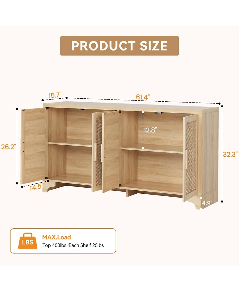 homfan 62.2 Inch Woven Buffet Sideboard, 4-Door Storage Cabinet with Shelves, Modern Farmhouse Wooden Console Table
