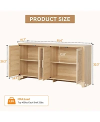 homfan 62.2 Inch Woven Buffet Sideboard, 4-Door Storage Cabinet with Shelves, Modern Farmhouse Wooden Console Table