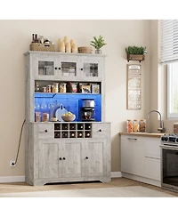 homfan 68.7 Inch Kitchen Pantry Cabinet with Led Lights and Charging Station, Large Hutch Wine Rack Adjustable Shelves