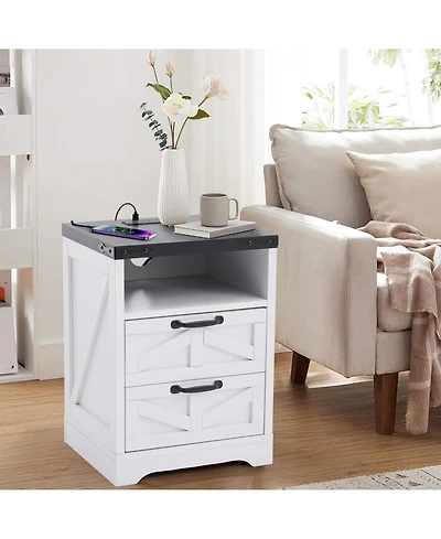 homfan Farmhouse Nightstand Set of 2 with Charging Station, 2 Drawers and Open Shelf, Bedside Tables for Bedroom, Living Room, or Entryway