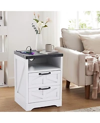 homfan Farmhouse Nightstand Set of 2 with Charging Station, 2 Drawers and Open Shelf, Bedside Tables for Bedroom, Living Room, or Entryway