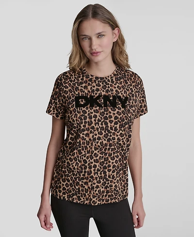 Dkny Sport Women's Foil Logo Leopard Crewneck T-Shirt