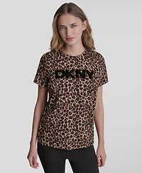 Dkny Sport Women's Foil Logo Leopard Crewneck T-Shirt