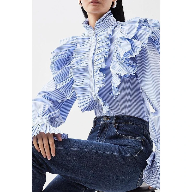 Karen Millen Women's Pleated Striped Ruffle Woven Shirt