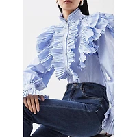 Karen Millen Women's Pleated Striped Ruffle Woven Shirt
