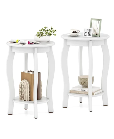 Gymax 2-Tier Round End Table Set of 2 Narrow Sofa Side Nightstand with Storage Shelf