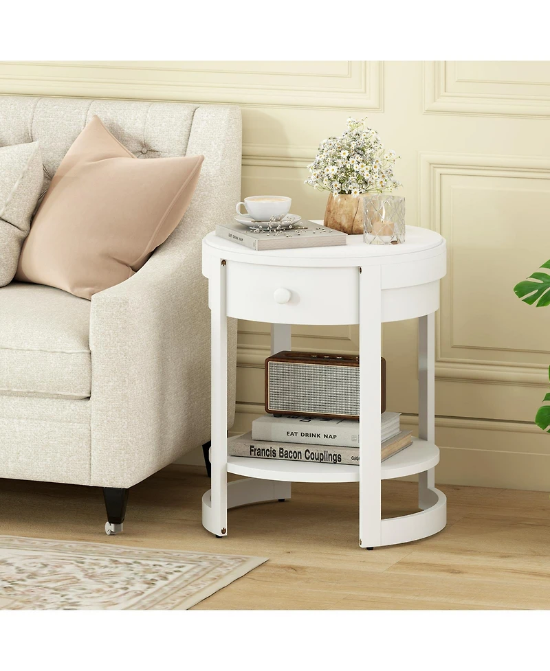 Gymax 2-Tier Nightstand with Shelf and Wood Grains Drawer Round End Table for Living Room