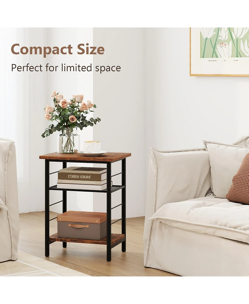 Gymax 3-Tier Side End Table with Adjustable Mesh Shelf Narrow Nightstand