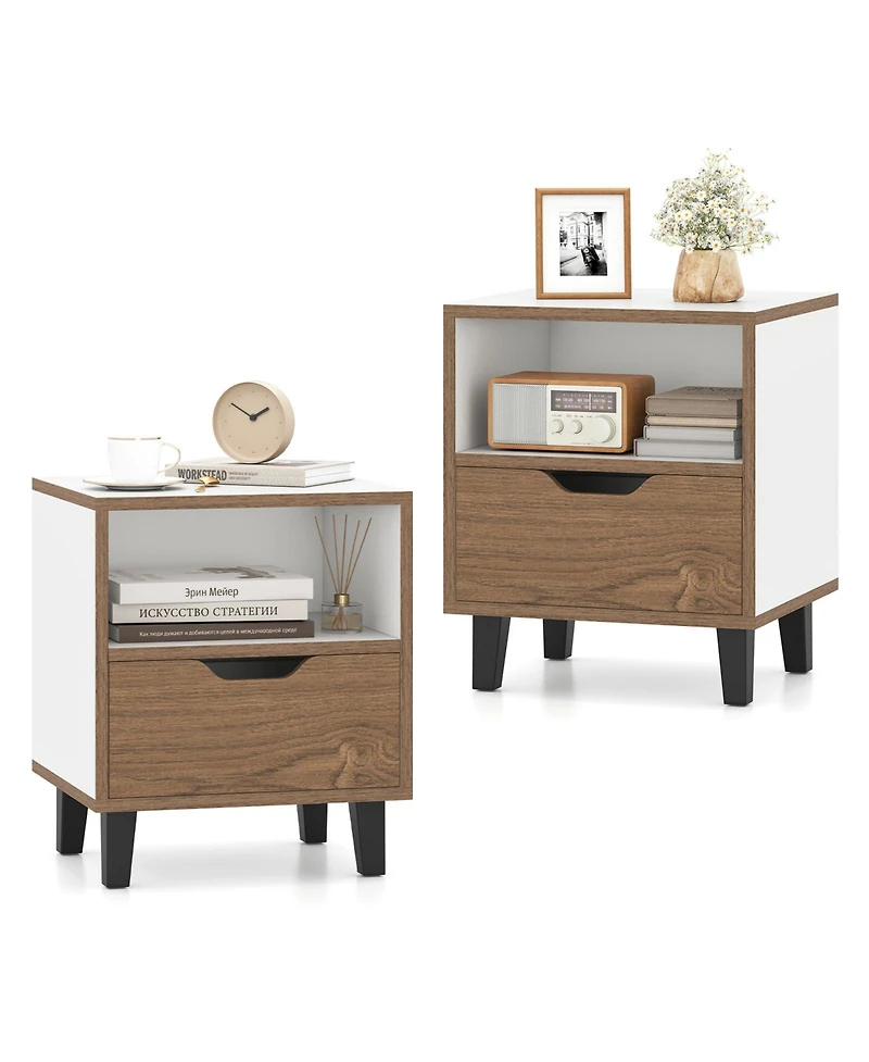 Gymax 2-Piece Nightstand Mid Century Modern Bedside Table with Drawer Open storage Shelf