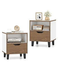 Gymax 2-Piece Nightstand Mid Century Modern Bedside Table with Drawer Open storage Shelf