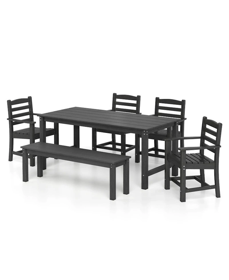 Gouun 6 Piece Hdpe Patio Dining Set with 67 in Table, Backless Bench and 4 Armchairs, Umbrella Hole