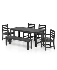 Gouun 6 Piece Hdpe Patio Dining Set with 67 in Table, Backless Bench and 4 Armchairs, Umbrella Hole