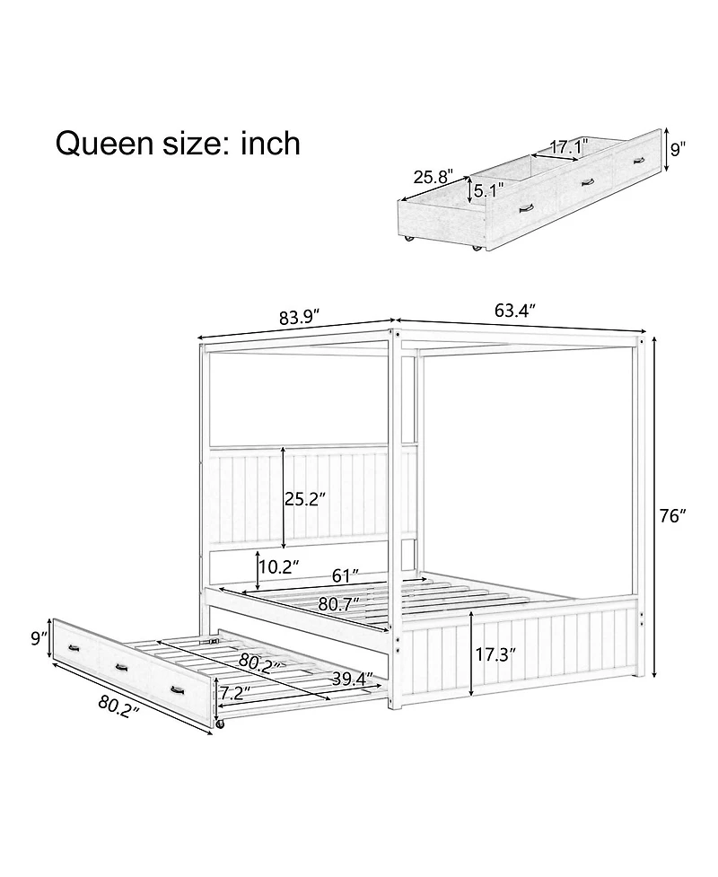 Streamdale Furniture Queen Canopy Platform Bed with Trundle and 3 Storage Drawers