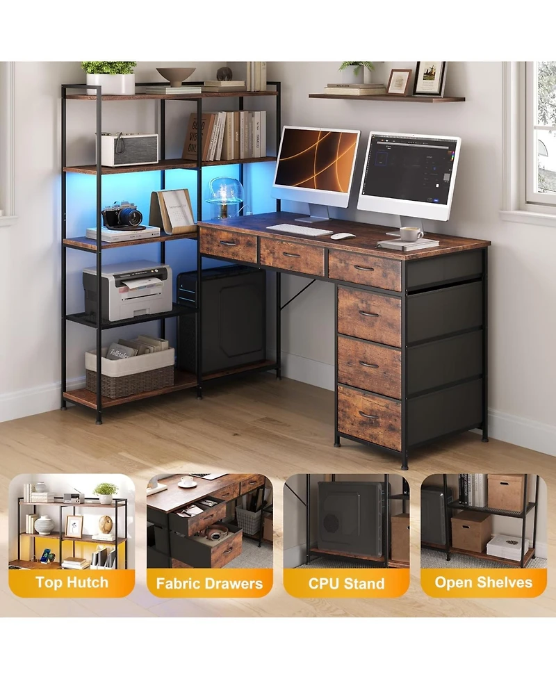 gaomon L-Shaped Gaming Desk with 6 Drawers - Corner Pc Table with Open Shelves, Power Outlets and Led Lights