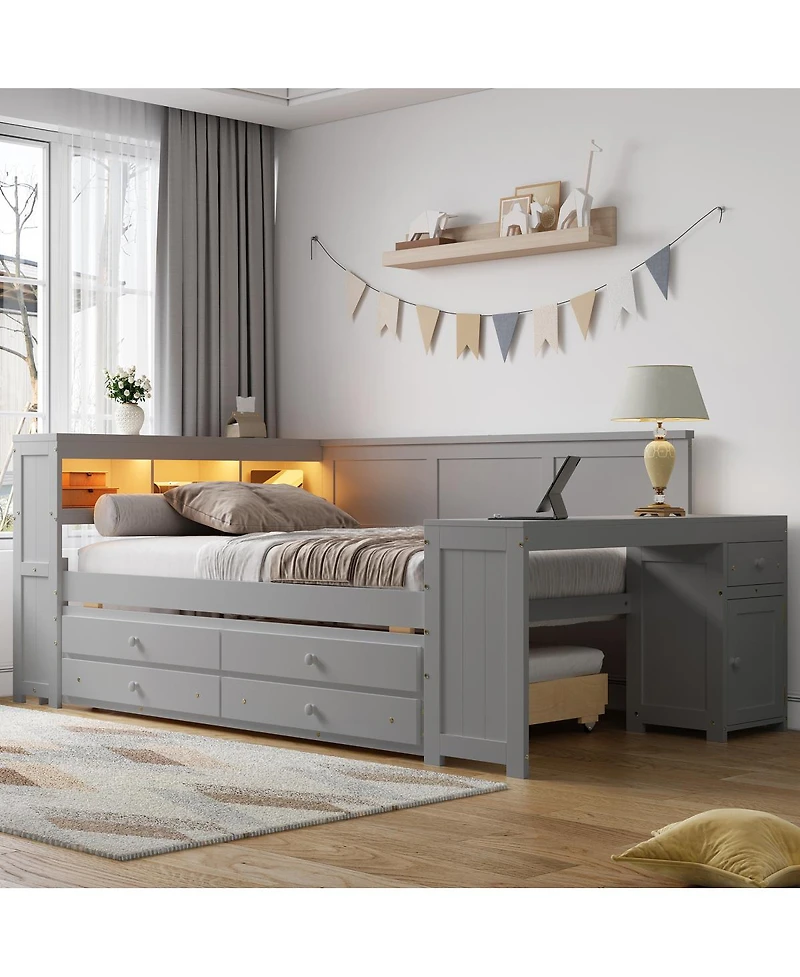 Streamdale Furniture Full Size Daybed with Storage, Trundle, Desk, Charging Station and Led
