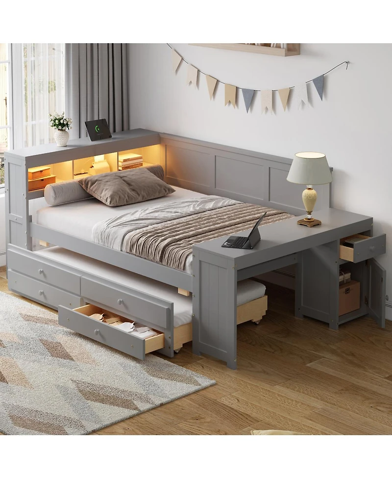 Streamdale Furniture Full Size Daybed with Storage, Trundle, Desk, Charging Station and Led