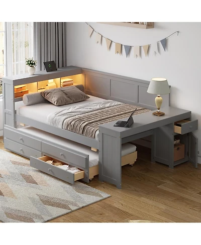 Streamdale Furniture Full Size Daybed with Storage, Trundle, Desk, Charging Station and Led