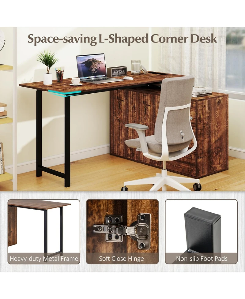 Slickblue L Shaped Computer Desk with File Cabinet and Integrated Power Outlet