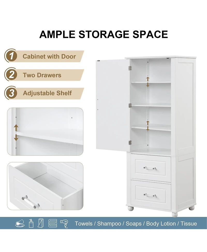 sumyeg Tall Bathroom Storage Cabinet with 2 Drawers and Adjustable Shelf Freestanding Organizer