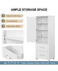 sumyeg Tall Bathroom Storage Cabinet with 2 Drawers and Adjustable Shelf Freestanding Organizer