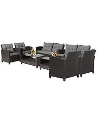 Gymax 8 Pc. Rattan Patio Furniture Set with Glass Table, Shelf and Sofa Cushions
