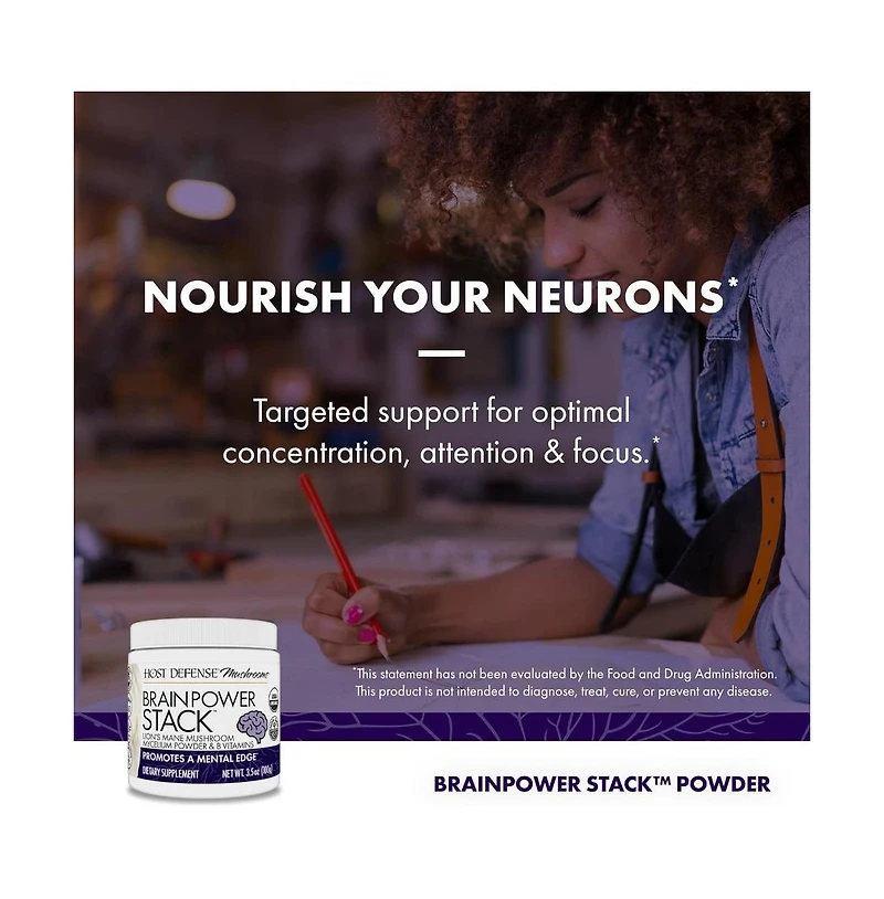 Host Defense BrainPower Stack Powder - Targeted Brain Support Supplement - Powder Mushroom Supplement with Lion's Mane, Niacin (B3) & Vitamin B12