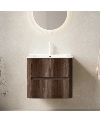 Sillysis Floating Wall Mounted Bathroom Vanity With Ceramic Sink Soft Close Drawers Retro Natural Plywood Cabinet For Small Bathrooms Sillysis