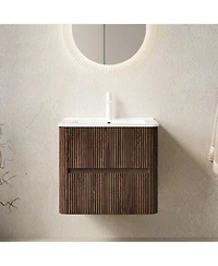 Sillysis Floating Wall Mounted Bathroom Vanity With Ceramic Sink Soft Close Drawers Retro Natural Plywood Cabinet For Small Bathrooms Sillysis