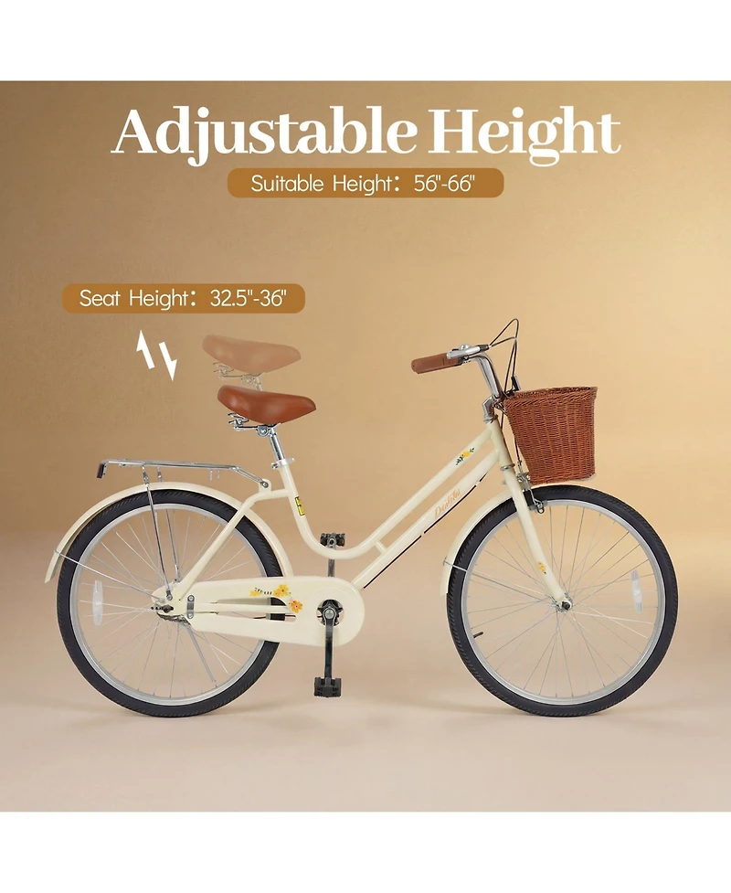 Gymax 24-Inch Beach Cruiser Bike w/Adjustable Seat Woven Basket and Rear Rack