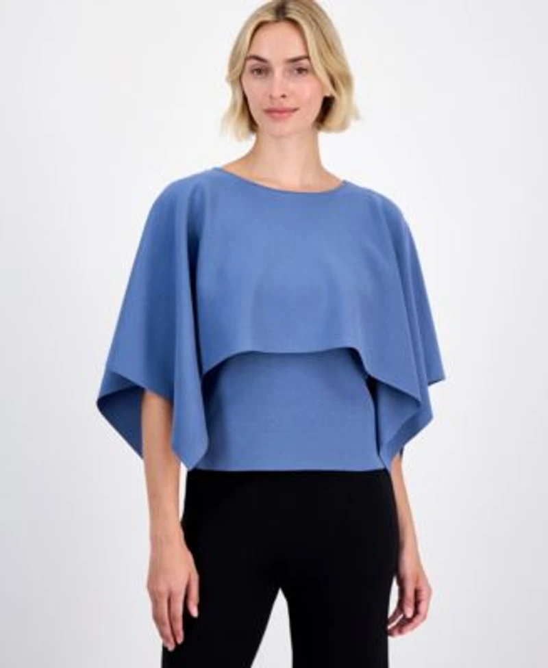 Anne Klein Womens Boat Neck Cape Overlay Sweater