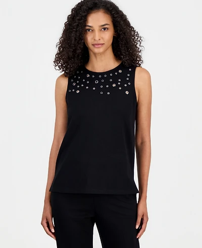 Anne Klein Women's Crewneck Grommet-Trim Sleeveless Top