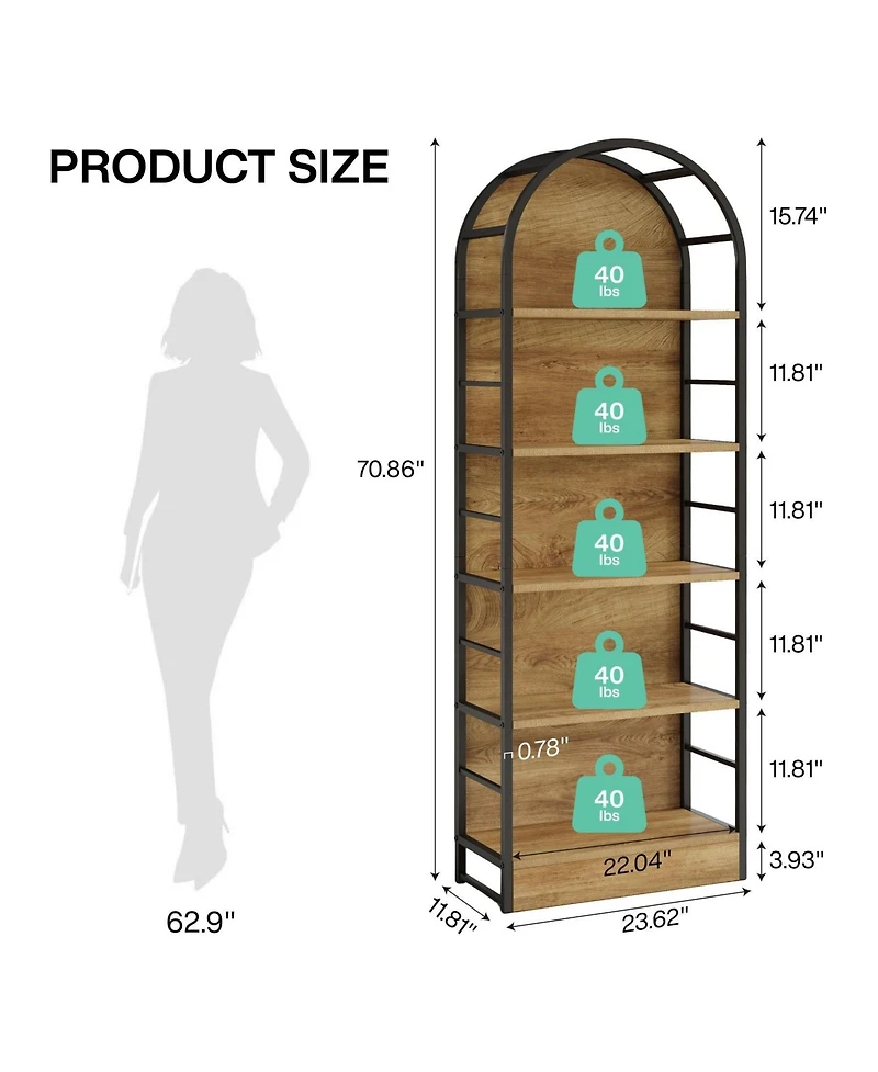 Slickblue Industrial 5-Tier Bookcase with Arched Design for Living Room