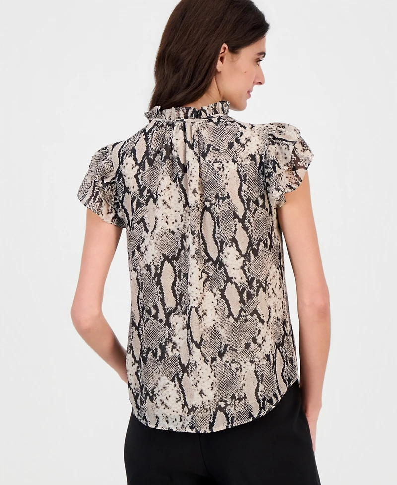 Anne Klein Women's Printed Ruffle-Sleeve Tie-Neck Top