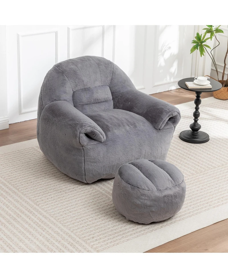 Rainsken Bean Bag Chair with Footstool, Faux Fur Chair, Filler Included, Soft Beanbag Chairs, Ergonomic, for Bedroom and Living Room
