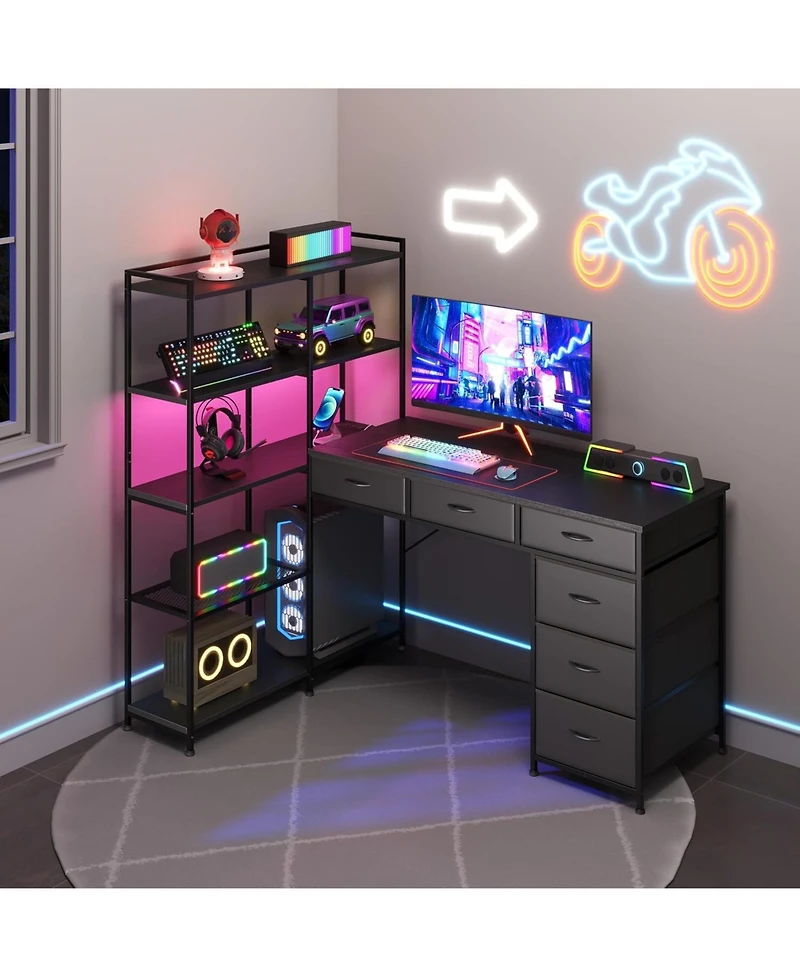 gaomon L-Shaped Gaming Desk with 6 Drawers - Corner Pc Table Open Shelves, Power Outlets and Led Lights