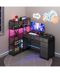 gaomon L-Shaped Gaming Desk with 6 Drawers - Corner Pc Table Open Shelves, Power Outlets and Led Lights