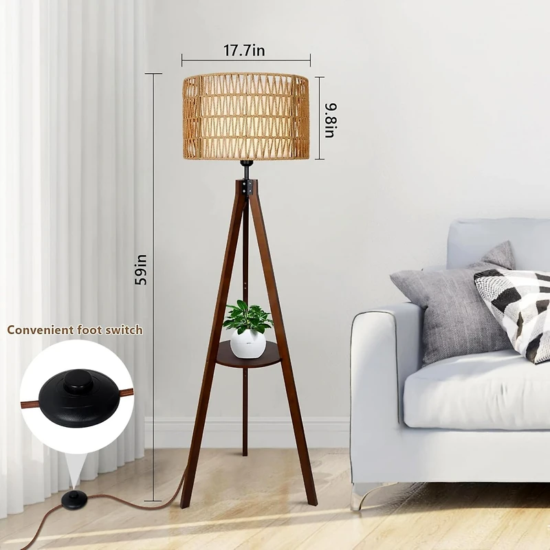 Modern Tripod Floor Lamp with Natural Rattan Shade and Built-in Shelf