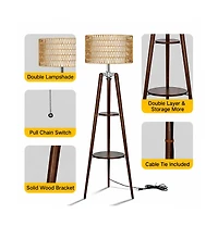 Modern Tripod Floor Lamp with Rattan Shade and Dual Shelves