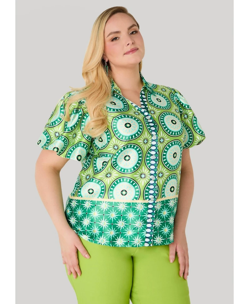 Ashley Stewart Women's Puff Sleeved Circle Print Shirt